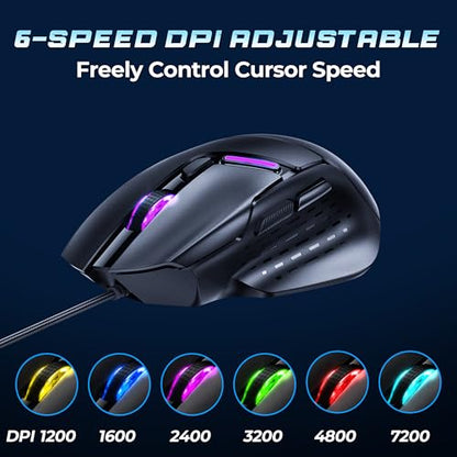 Uineer Wired Gaming Mouse, 7200 DPI, 6 Programmable Buttons, RGB Lighting | 6 programmable buttons, adjustable 7200 DPI, RGB lighting and quiet clicks for work or gaming.