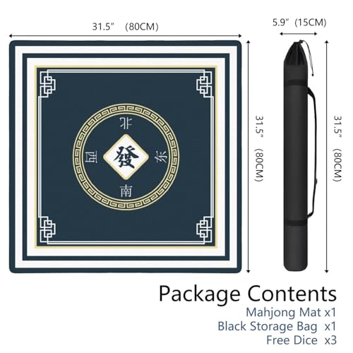 Mahjong Mat for Table with Carrying Bag & 3 Dice, Dark Navy Blue 31.5"x31.5" Square Rubber Mahjong Table Cover, Non-Slip & Noise Reduction Gaming Mat for Mah Jongg, Poker, Dominoes & Tile Games - color: Dark Navy Blue