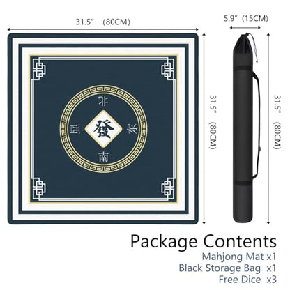 Mahjong Mat for Table with Carrying Bag & 3 Dice, Dark Navy Blue 31.5"x31.5" Square Rubber Mahjong Table Cover, Non-Slip & Noise Reduction Gaming Mat for Mah Jongg, Poker, Dominoes & Tile Games - color: Dark Navy Blue