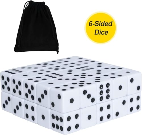 50 Pack 16MM White Dice - Six Sided Standard Opaque | Black Pips Dots, For Board Games, Group Event, Teaching Math