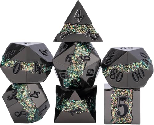 Metal DND Dice Set, 7PCS Polyhedral Metal Dice with Galaxy Glitter Inlay, Heavy RPG Dice Set for Dungeons and Dragons, Pathfinder Tabletop Games - color: Black Nickel Green