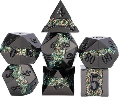 Metal DND Dice Set, 7PCS Polyhedral Metal Dice with Galaxy Glitter Inlay, Heavy RPG Dice Set for Dungeons and Dragons, Pathfinder Tabletop Games - color: Black Nickel Green