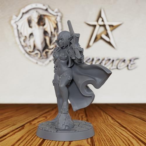 AUSPDICE Elf Warrior 32mm Unpainted Fantasy Miniature with Sword AS379 | 6.3cm Female Elf Fighter Figure with Sword, Armor and Cape for Dungeons and Dragons, TTRPGs and Dungeon Masters
