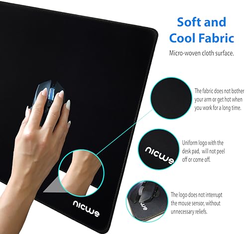 XXL Desk Pad – Large Micro Woven Cloth Mouse Pad with Non‑Slip Rubber Base, Waterproof, Double‑Stitched Edges – 35.4 x 15.75 in (Black)