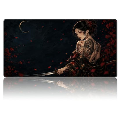 Moonlit Samurai Woman MTG Playmat, Card Game Play Mat with Stitched Edges, Smooth Surface Board Game Trading Card Mat, Non-Slip Rubber Base Large Gaming Mouse Pad 24 x 14 Inch - color: Moonlit Samurai Woman