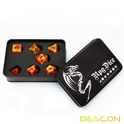 Bescon Magical Stone Dice Set Series, 7pcs Polyhedral RPG Dice Set Aura Stone, Black Tinbox Packing - color: Aura Stone in Tinbox