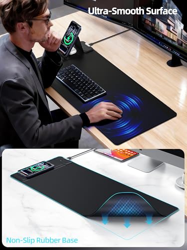 Mouse Pad with Magnetic Wireless Charging & Adjustable Phone Stand | 27.5"x11.8" Computer Mouse Mat with Anti-Slip Base & Stitched Edge, Easy Gliding, Spill-Resistant Surface, Black - color: Black-Magnetic Stand-27.5"x11.8"-Left
