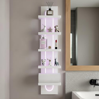 U-Shaped 5-Tier Compact Narrow RGB Light Wall Shelf White | Modern Vertical Shelf for Vanity, Ideal for Anime Figures, Perfumes, Cosmetics, Colleclibles - color: 4ur-white