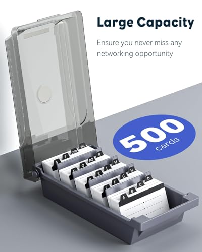 Uniclife Business Card Organizer with Lid & Dividers, 500-Card Capacity | Desktop business card holder and name card storage box with A-Z index tabs for neat sorting, quick viewing and easy access - size: Medium