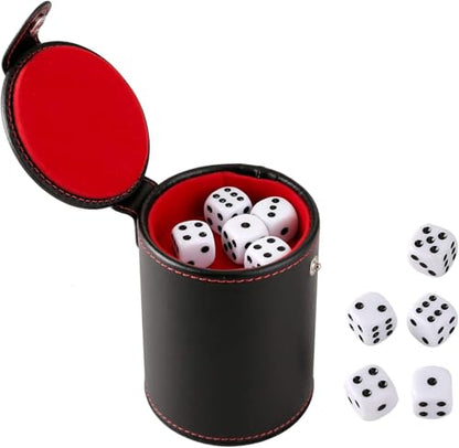 GWHOLE Leather Dice Cup with Lid & Storage Compartment, Includes 5 Dice | Quiet Felt Lined Interior, Secure Snap Lid, For Yahtzee, Farkle, Backgammon, Bar Birthday Party Craps Games - color: Red