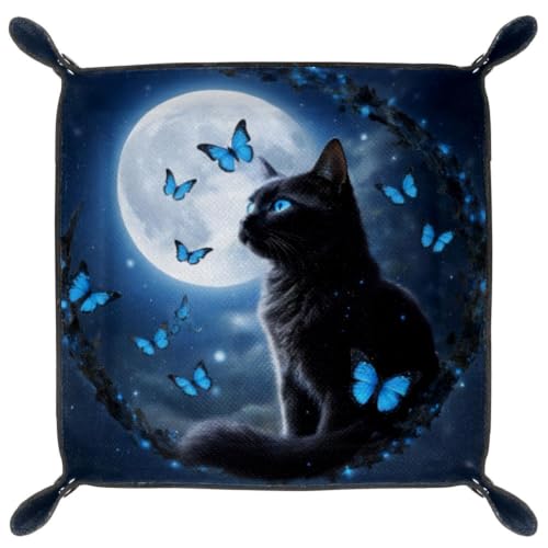 Black Cat Fantasy Dice Tray Folding Square PU Leather Dice Rolling Tray | Portable Dice Trays for Dice Games Like RPG, DND and Other Table Games, Folded 4.5x4.5x1.2inch - color: Black Cat Fantasy Night