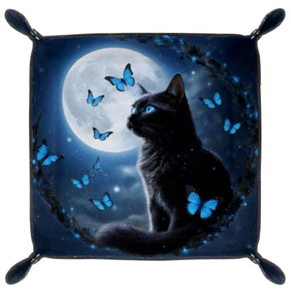 Black Cat Fantasy Dice Tray Folding Square PU Leather Dice Rolling Tray | Portable Dice Trays for Dice Games Like RPG, DND and Other Table Games, Folded 4.5x4.5x1.2inch - color: Black Cat Fantasy Night