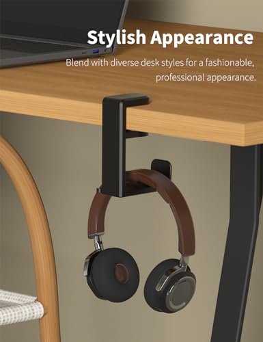Headphone Hook Under Desk Holder 360-Degree Adjustable Rotation, Black | Fits 0.47-1.57 in desks as headset stand hanger, easy spring clamp, soft rubber pads, built-in loop for cable organizer - color: Black