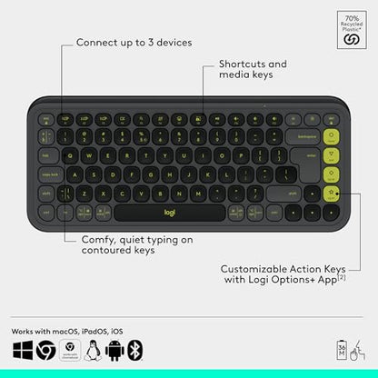 Logitech POP ICON Combo, Wireless Bluetooth Keyboard and Mouse, Comfortable Typing, programmable Keys and Buttons, Quiet clicks, Easy-Switch up to 3 Devices - Graphite and Lime - color: Graphite Lime, style: Combo