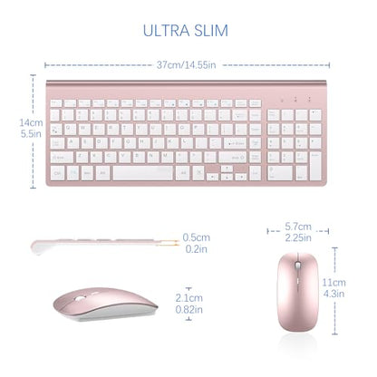 Wireless Keyboard and Mouse Ultra Slim Combo, TopMate 2.4G Silent Compact USB 2400DPI Mouse and Scissor Switch Keyboard Set with Cover, Batteries Included, for PC/Laptop/Windows/Mac - Rose Gold White - color: Rose Gold White