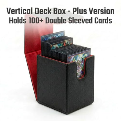 Vertical Deck Box Plus Version, Large Trading Card Case Fits 100+ Double Sleeved Cards, Premium Saffiano Leather TCG Storage for MTG Commander, Pokémon, TCG, CCG, Magnetic Closure -Black+ Red - color: VP Black+Red