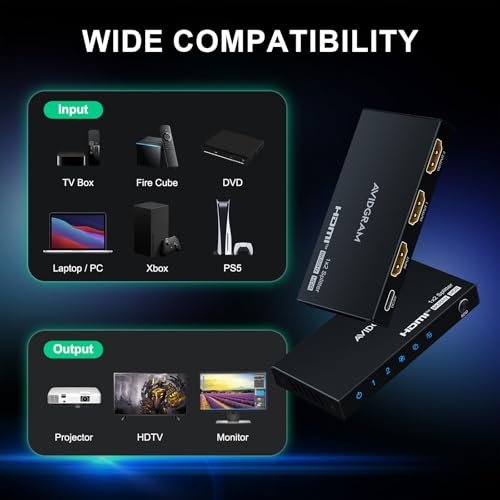 HDMI Splitter 1 in 2 Out 8K 60Hz 4:4:4, AVIDGRAM 2 Port Splitter with Auto, Copy, Downscaler EDID Mode, 4K 120Hz HDMI Duplicator, Compatible with Xbox Series X, PS4 Pro, PS5, Blu-ray Player - size: 8K 60Hz HDMI Splitter 1 in 2 Out