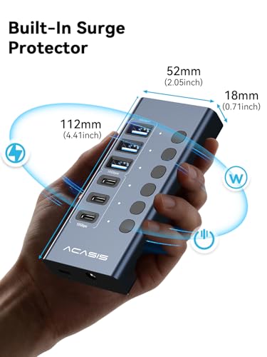 ACASIS 6 Ports Powered USB 3.2 Hub (3 USB-A 3.2 +3 USB-C 3.2), 10Gbps | Individual On/Off Switch for Each Port • Aluminum Housing • Better Heat Dissipation • Plug & Play • 48W Power Adapter - size: 6 Ports