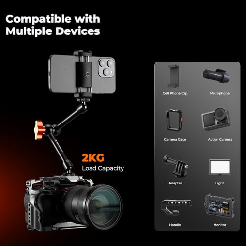 K&F CONCEPT 9.8" Magic Arm Clamp with Phone Holder | 360° Ball Heads Camera Arm Mount for Phone/LED Lights/Monitor/Flash/Microphone/DSLR Camera, MS32 - style: 9.8" with phone holder