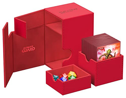 Ultimate Guard Flip'n'Tray 100+, Deck Case for 100 Double-Sleeved TCG Cards + Dice Tray, Red, Independent Magnetic Closure & Microfiber Inner Lining - color: Red