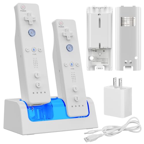 Remote Controller Charger for Wii/Wii U with 2 Pack 2800mAh Rechargeable Battery Pack, 2 Port Charging Station for Wii Controller, Remotes are not Included - color: White, size: 5.1 * 2.3 inches