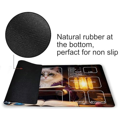 for MTG Playmat 24 x 14 Inches Cat Magic Play Mat Card Game Mat for Magic The Gathering TCG PTCG Playmat with Free Storage Bags Non-Slip Backing and Stitched Edge - color: Cat With Zones