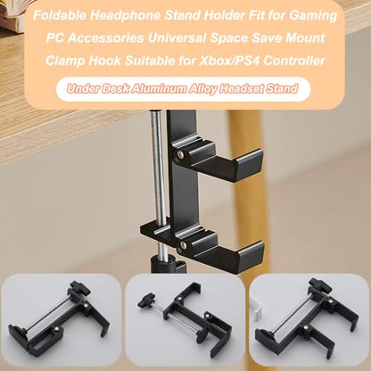 Headphone Stand for Desk Aluminum Alloy Headset Stand with Dual Foldable Hooks Headphone Holder Clamp Mount for Gaming PC Accessories Universal Space-Saving Under Table Headset Hangers - color: black 2