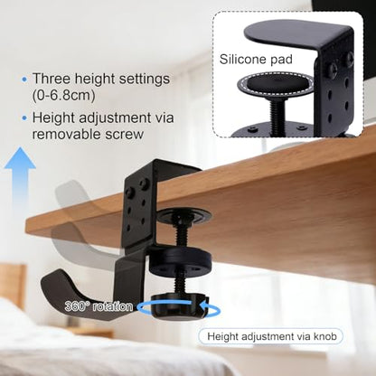 Heavy Duty Desk Hook Clamp, Carbon Steel 360° Rotating Under Desk Headset Stand Holder Clamps Adjustable Hook Clamp on Hanger Office Gaming Accessories for Headphone Purse Umbrellas (Black)