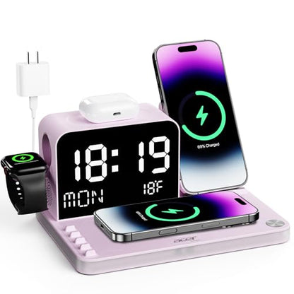 Acer 7-in-1 Wireless Charging Station with LED Clock - 30W Fast Wireless Charger for iPhone 16/15/14/13/12/Pro Max, Apple Watch, AirPods - Bluetooth Auto Time Sync & Night Lights (Purple) - color: Purple