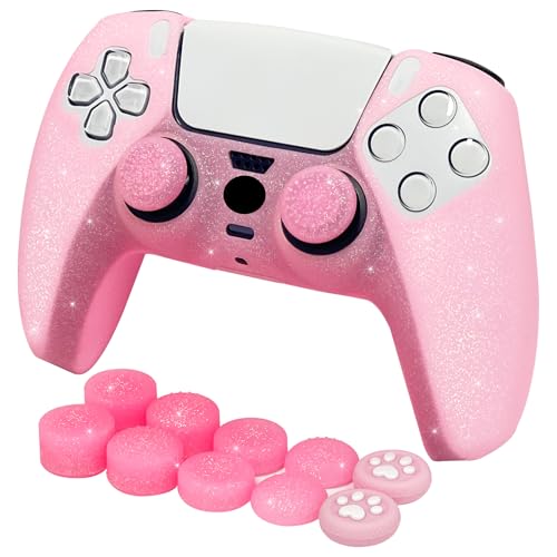 Pink Glitter Anti-Slip Protective Silicone Cover Skin Grips Compatible with PS5/Slim/Pro Controller,8 PCS Glitter Thumb Grips Caps and 2 Grips Caps. (Glitter Pink)