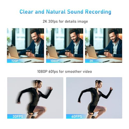 2K Webcam with Microphone, 78°FOV FHD PC Camera with 2K/30fps, Privacy Cover, Plug & Play USB Web Cam, Autofocus, 1080P/60fps External Webcam for PC, Computer Web Camera for Laptop, Mac, Zoom - color: 2K/78°FOV