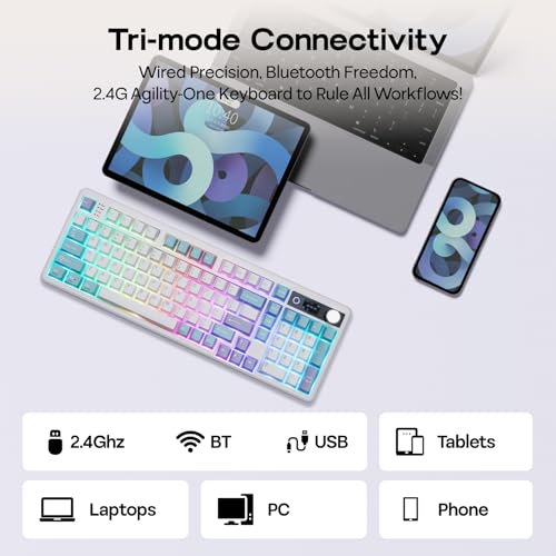 EPOMAKER TH99 PRO 96% Mechanical Keyboard with Screen & Knob, 10000mAh, 2.4Ghz/BT, Hot Swap, Custom Driver, RGB Backlight, PBT Keycap, Wireless Gaming Keyboard for PC/Mac (Blue&White, Sea Salt Silent) - color: Blue&White, size: Sea Salt Silent