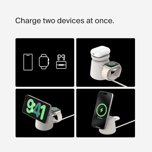 Belkin Qi2 15W Wireless Charging Dock, 2 in 1 Fast iPhone Charger | iPhone 17/16/15/14/13, AirPods, Qi2-enabled devices compatible, power adapter included, desk dock - color: Sand, style: Latest Gen