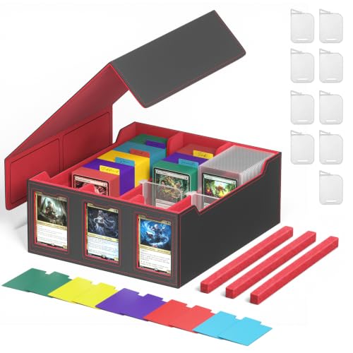 Foluck Trading Card Storage Box with Commander Display Holds 2500+ Cards | Dual-Function Magnetic Lid, Adjustable Storage, with 9 Stoppers, 10 Dividers 3 EVA Spacers, Fits for TCG, CCG, Sports Cards - color: Red, size: 3-Row
