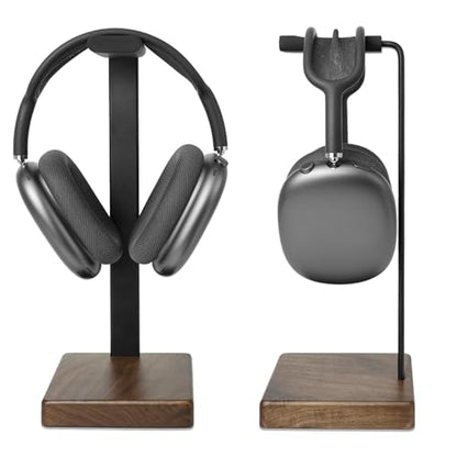 GEVO Headphone Stand Headset Holder - Headset Metal Mount Rack for Desk with Walnut Wooden Square Base for Gaming, AirPod Max, Bose, Sony, Razer, Jabra, JBL