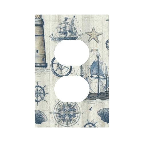 Decorative Outlet Covers Vintage Nautical Coastal Lighthouse Compass Anchor Sailboat 1 Gang Duplex Light Switch Cover Plate Unique Wall Plates Switch Plate Cover for Beach House Bathroom - color: Vintage Nautical, size: 1 Gang Duplex