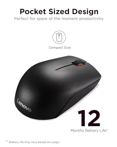 Lenovo 300 Wireless Mouse, Black, Computer Mouse for PC and Laptop with Windows, Ambidextrous Design, 2.4 GHz Nano USB Receiver, 12 Month Battery Life - color: Black