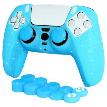 Blue Glitter Anti-Slip Protective Silicone Cover Skin Grips Compatible with PS5/Slim/Pro Controller,8 PCS Glitter Thumb Grips Caps and 2 Grips Caps. (Glitter Blue) - color: Blue