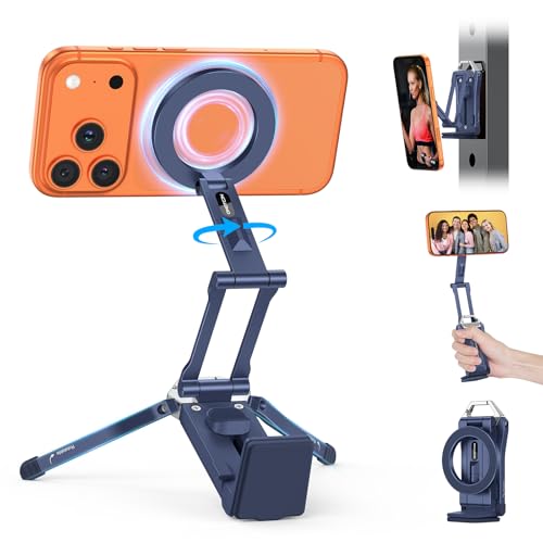 OMOTON 360°Rotating Adjustable Aluminum for MagSafe Tripod Mount, Navy Blue | Magnetic Phone Tripod for iPhone 17/16/15 Pro Max Air, Foldable Cell Phone Stand Fits Vlog, Gym Travel Essentials Accessories - color: 3-Navy Blue