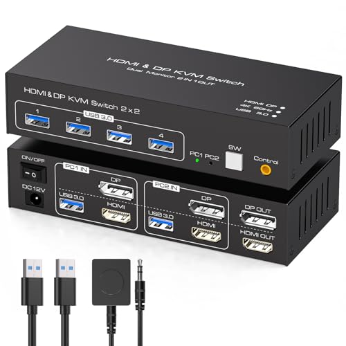 HDMI+Displayport KVM Switch 2 Monitors 2 Computers 4K@60Hz KVM Switcher for Two PC Share Dual Monitors and 4 USB 3.0 Ports Support Extended/Copy Mode with Desktop Controller&2 USB Cables - color: White-3