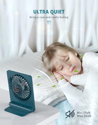 Zuvas Desk Fan Small Rechargeable Battery Table Fans for travel Ultra Quiet | 180° Tilt Folding, LED Dislay, Portable Fan Slim Design, 3 Speed Adjustable, for Office Bedroom Desktop, Cruise Essentials - color: Deep Green