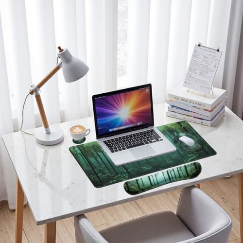 Mystic Forest Desk Mat Set Green Fog Woodland Mouse Pad with Wrist Rest 4in1 Desk Mat for Desktop Ergonomic Computer Desk Arm Wrist Anti-Slip Computer Ergonomic Mouse Pad Home Office Gaming - color: Mystic Forest