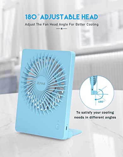 Zuvas Desk Fan Small Rechargeable Battery Table Fans for travel Ultra Quiet | 180° Tilt Folding, LED Dislay, Portable Fan Slim Design, 3 Speed Adjustable, for Office Bedroom Desktop, Cruise Essentials - color: Blue