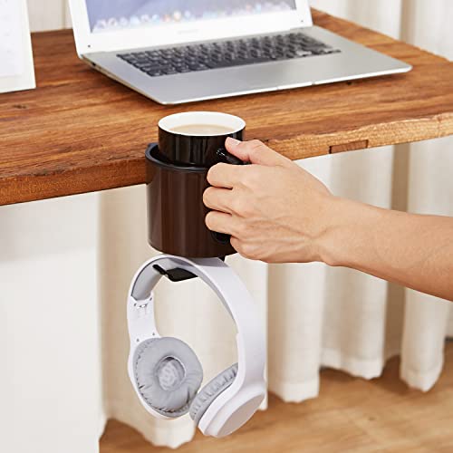 GUNKING Luxury 2-in-1 Anti-Spill Cup Holder with Under Desk Headphone Hanger (Coffee Brown) - color: COFFEE BROWN