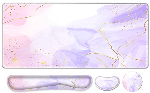 Large Gaming Mouse Pad Set, 4 in 1 Extended Keyboard Desk Mat with Wrist Rest, PC Computer Game Mousepad Set, Non-Slip Desk Pad Easy Typing Pain Relief for Home Office I Pink Purple Marble - color: Pink Purple Marble