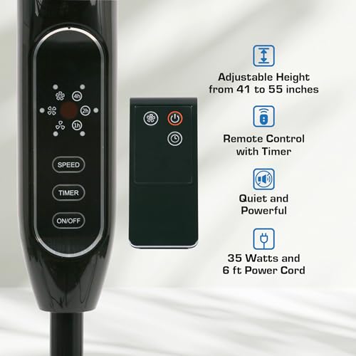 Hurricane Supreme Oscillating Pedestal Stand Fan with 3 Quiet Speeds, Black, 16" - Corded Electric Air Cooling Unit with Remote Control & Adjustable Height for Home, Apartment, Workshop or Office