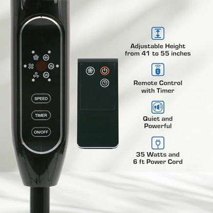 Hurricane Supreme Oscillating Pedestal Stand Fan with 3 Quiet Speeds, Black, 16" - Corded Electric Air Cooling Unit with Remote Control & Adjustable Height for Home, Apartment, Workshop or Office