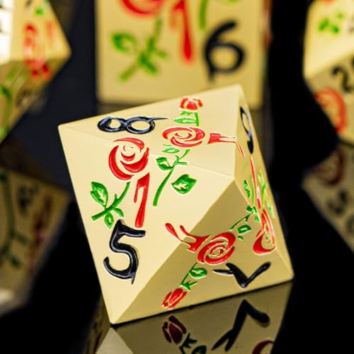 Gothic DND Dice Set Bleeding Rose Metal D and D Dice for use with Dungeons Dragons D&D Role Playing Game, Red RPG Blood Polyhedral Dice Set D20 D12 D10 D8 D6 D4 - color: Red&gold&black Numbers