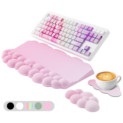 Wrist Rest with Keyboard Stand, Ergonomic Computer Wrist Support Pad | Cloud Keyboard Riser Holder with Wrist Pad, Memory Foam Desk Cushion, Palm Hand Typing for Office Home School-Pink - color: Pink