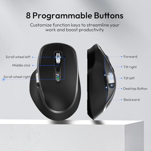 Wireless Bluetooth Rechargeable Mouse with 8 Programmable Buttons-Black | Multi-Device Ergonomic Optical Mouse with 5 Adjustable DPI Computer Mouse for Laptop,iPad.PC,Medium to Large Hands - color: Black